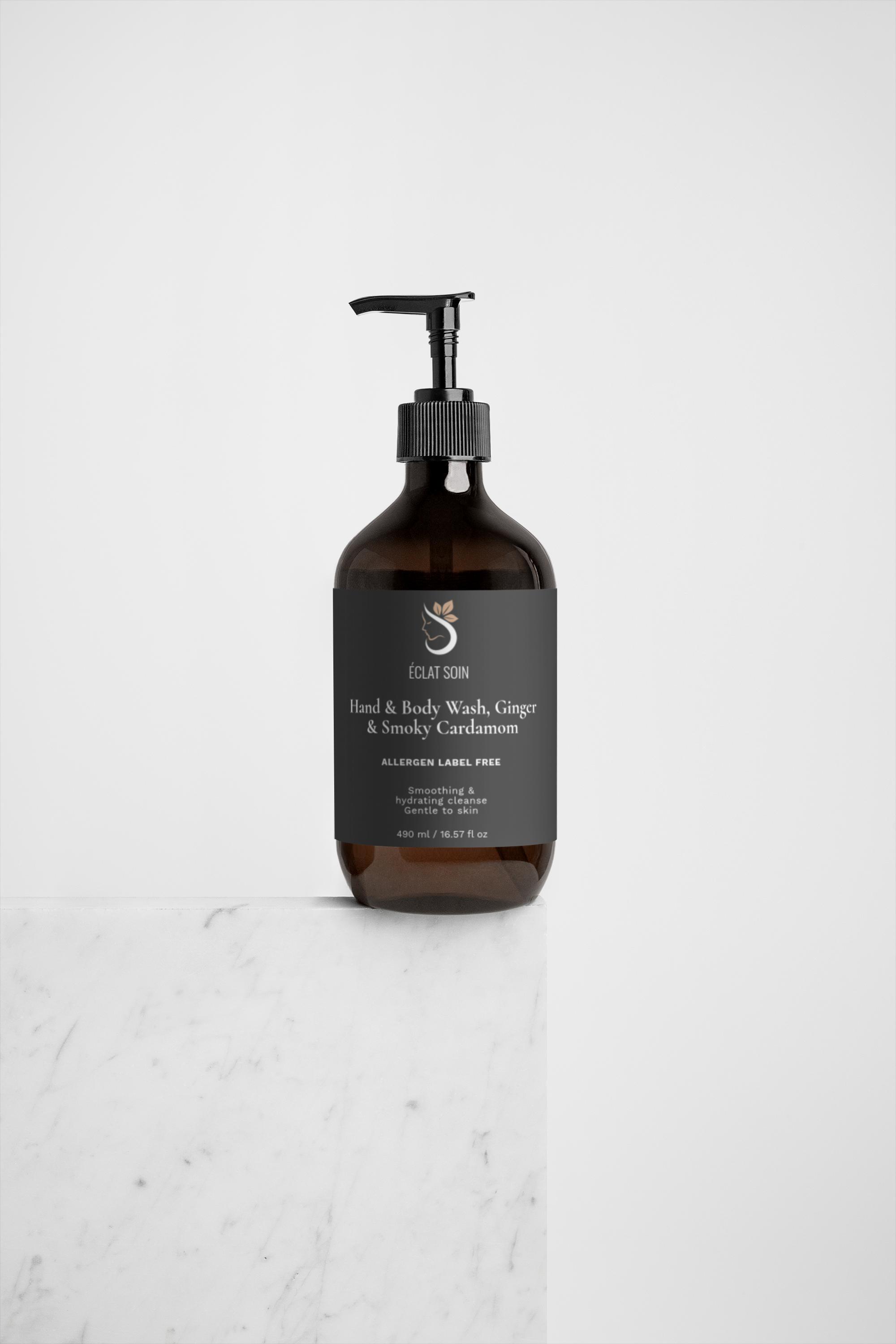 Eclat Soin Hand and Body Wash with Ginger and Smoky Cardamom in a sleek amber bottle